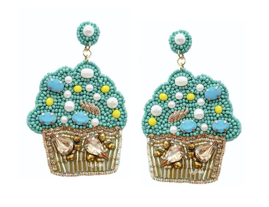 Cupcake Earring, Seed Bead Statement Fun Embellished Dessert, Donut, Cupcake, Party Favor
