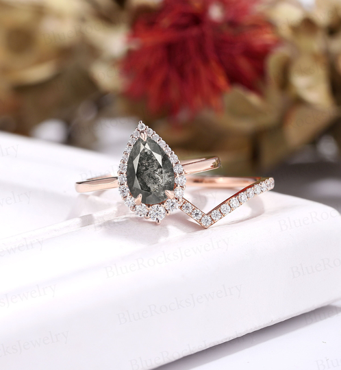 Vintage Salt & Pepper Diamond Engagement Ring Set, Pear Shaped Ring, Art Deco Wedding Rose Gold Moissanite Bridal Set Promise Ring