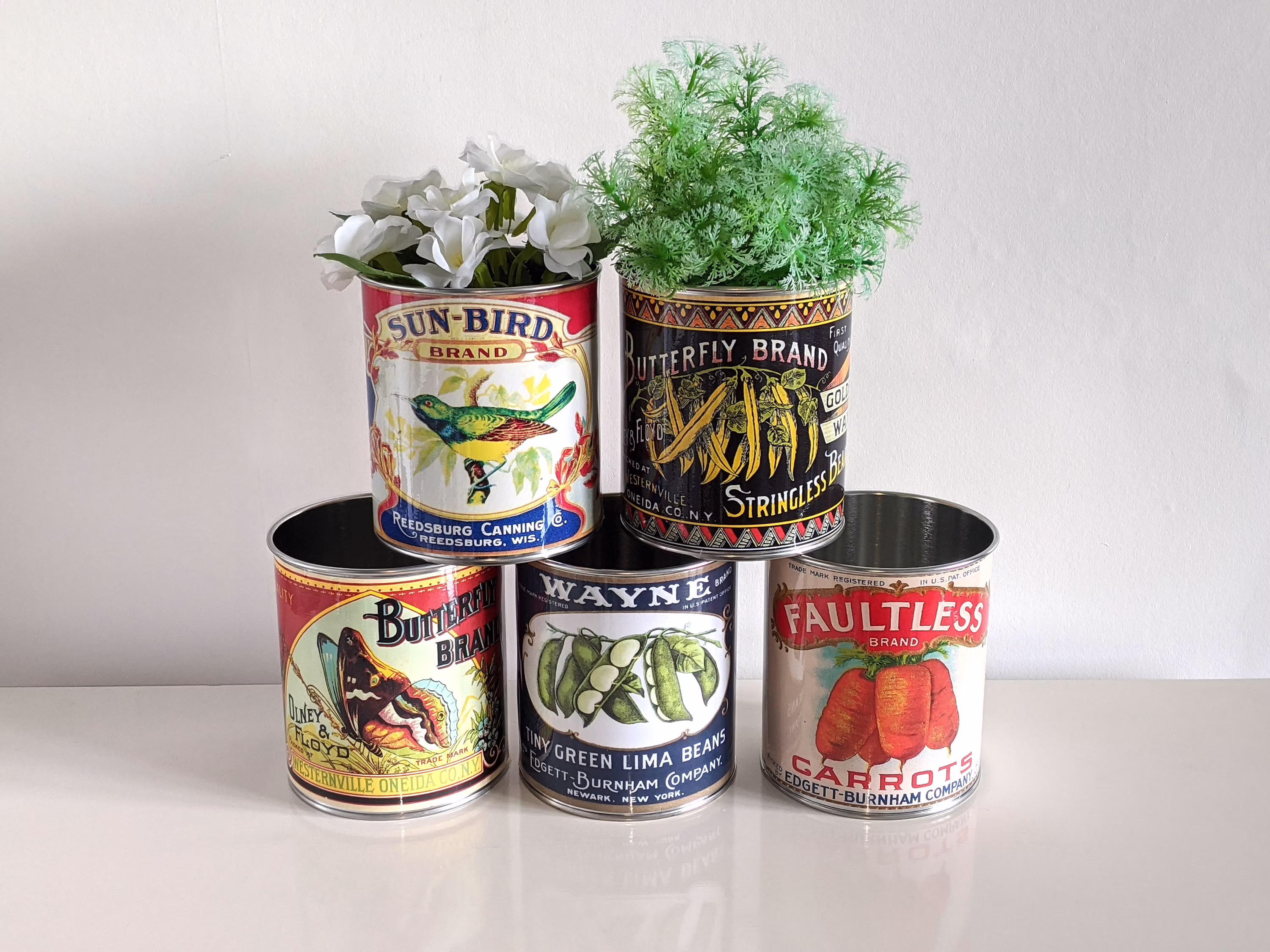 Vintage Retro Food Tin Cans Large Size. Storage For Home, Cutlery Holder Cafes Shop, Restaurant Display. Props Replica Labels Recycled Green