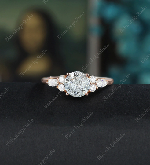 Salt & Pepper Moissanite Engagement Ring Vintage Women Cluster Marquise Cut Leaf Diamond Art Deco Wedding Ring Anniversary Gift For Her