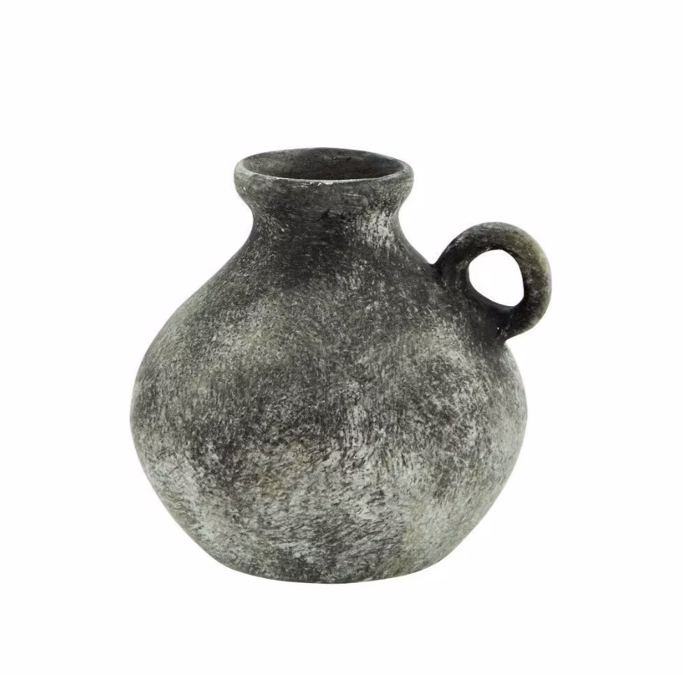 Mini Terracotta Vase With Handles - Small Rustic Black & Grey Pot Unique Modern Boho Dried Faux Flower Indoor Urn
