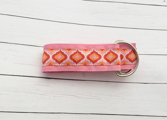 Women's Pink & Orange Jacquard Ribbon Belt, All Season Gold Or Silver Hardware, Spring Summer Gift For Her