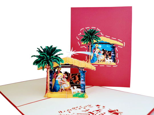 Christmas Stable Nativity Scene 3D Pop Up Greeting Card - Baby Jesus, Angels, Christ, Faith, Seasons Greetings, Inspiration, Barn, Mary, God