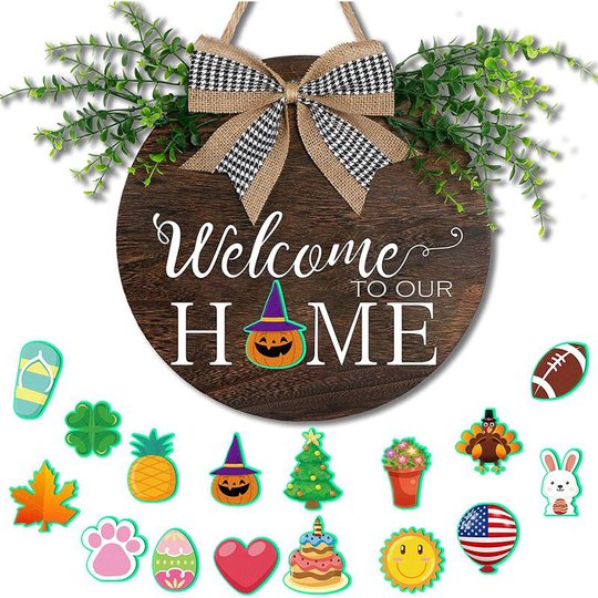 Seasonal Welcome Sign Front Door Porch Decor, Interchangeable Rustic Wood Wall Hanging Porch Decorations for Halloween, Christmas, Farmhouse Outdoor