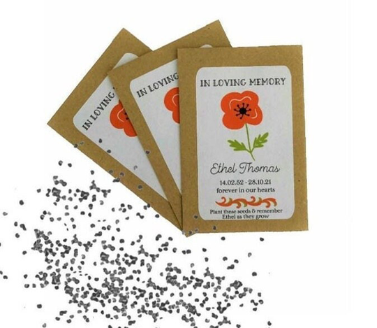 Personalised Funeral Poppy Seed Packets Envelopes With Seeds - Memorial Remembrance Favours Keepsake