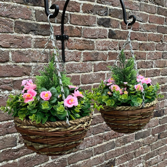 Set Of 2 X Artificial Azalea Topiary Hanging Baskets | 25cm
