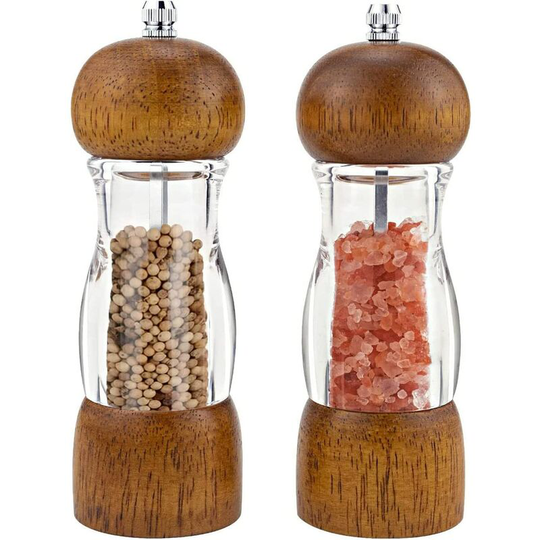 Aougo - Wooden Salt and Pepper Grinder Set, Clear Acrylic Pepper Salt Shaker with Ceramic Grinder for Himalayan Salt, Sea Salt, Spice Grinders with