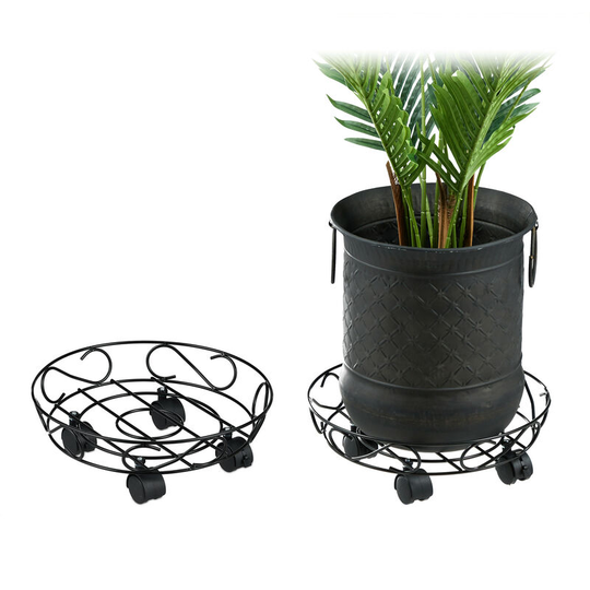 Plant Caddy, Set of 2, Round, Indoors & Outdoors, Brakes, Trolley with Wheels, Pots max. 28 cm ø, Metal, Black - Relaxdays