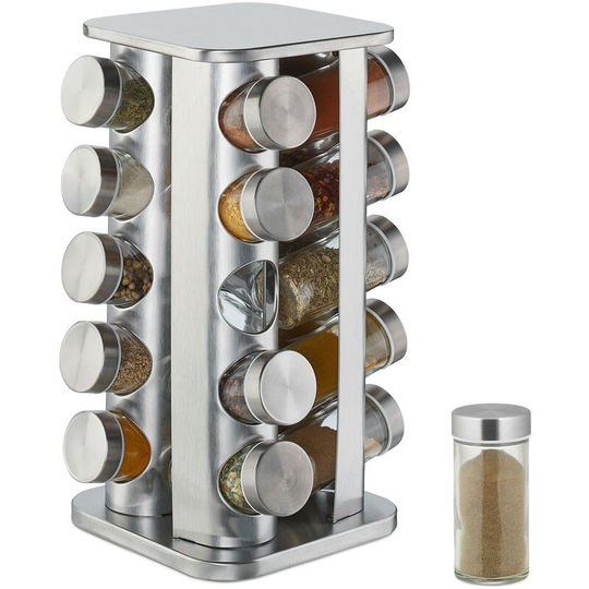 Spice Rack, 20 Glass Jars, Rotatable, Stainless Steel, h x d: approx. 34 x 19 cm, Silver - Relaxdays