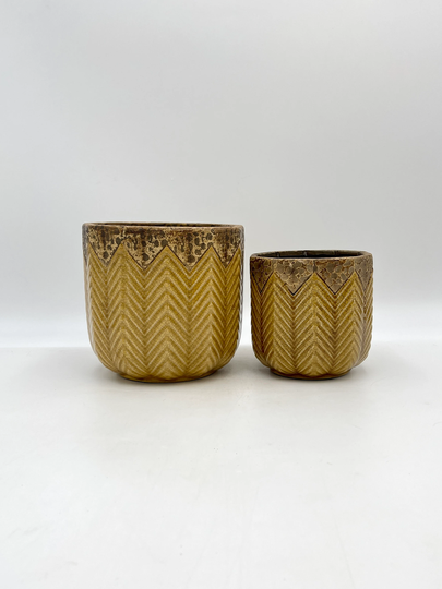 Cecile Ceramic Plant Pot, D18, D14cm, Mustard Yellow Patterned Plant Unique Housewarming Christmas Gift, Sizes Available