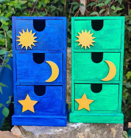 Handmade Altar Chest Curio Cabinet, Herb Chest, Three Tier Drawers, Witches Curio, Sun Moon & Star Celestial, Pagan, Wiccan, Witchcraft
