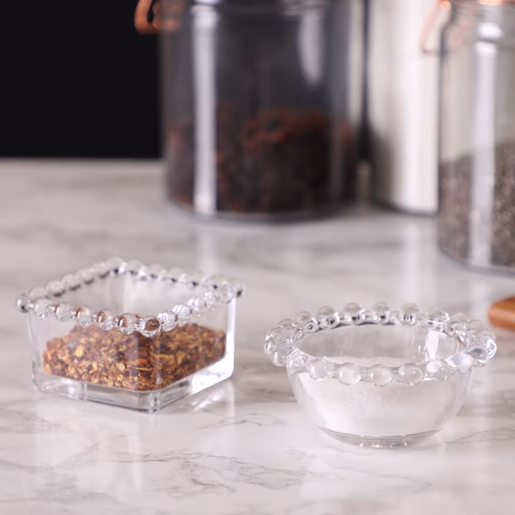 Set Of 2 Glass Pinch Pots Salt & Pepper Seasoning Bowls Kitchen Dining Room Baking Cooking Tableware Accessory