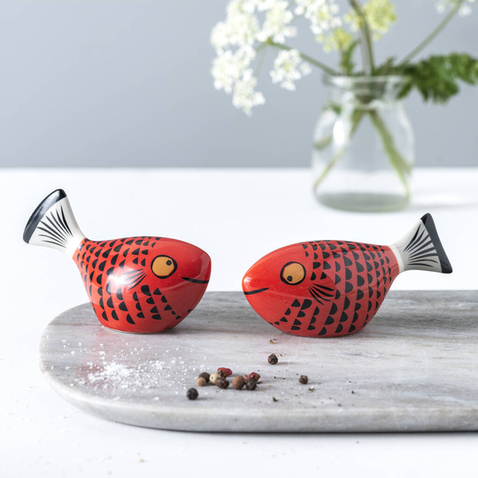 Handmade Fish Salt And Pepper Shakers In Red