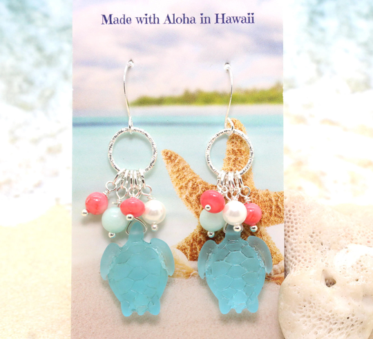 Sea Glass Turtle Earrings/Beachy Boho Sea Glass Tropical Beach Wedding