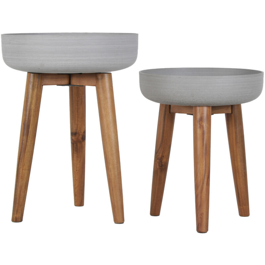 Out & out Set of 2 Concrete Planters on a Wooden Stand - W.39 x H.51cm / W.36.5 x H.43cm