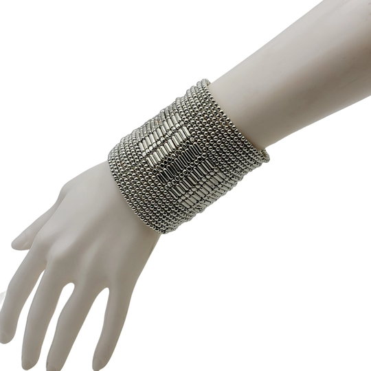 Seed Bead Memory Wire Cuff Bracelet Silver