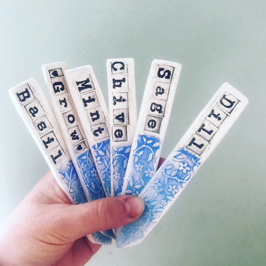 Set Of 6 Herb Markers. Handmade Ceramic Sticks. Marker Garden Stakes, Blue Floral. Garden. Home Gardening Ideas