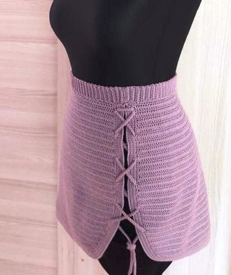 Crocheted Side Slit Mini Skirt, Lavender Skirt With A Deep Opening On The Side, Skirt For All Seasons, Asymmetrical Summer Woman