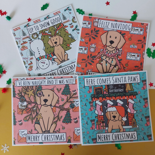 Yellow Labrador Lab Retriever Dog Lover Unique Hand Illustrated Original Handmade Christmas Cards Seasons Greetings Happy Holidays Funny Dog
