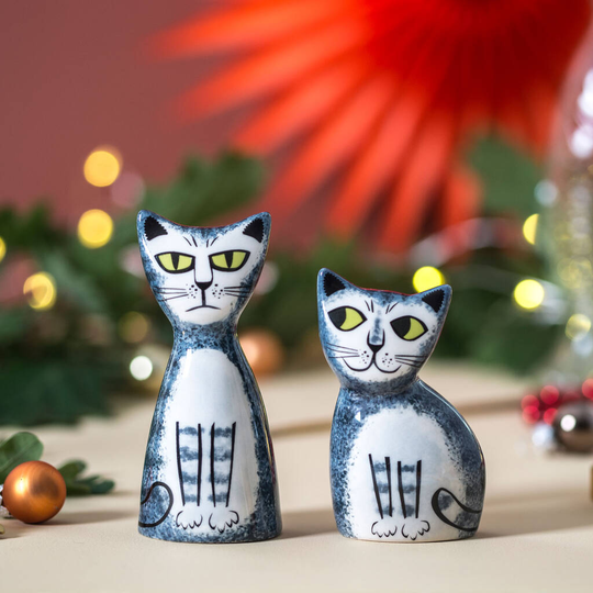 Handmade Ceramic Cat Salt And Pepper Shakers, Grey/Ginger/Black