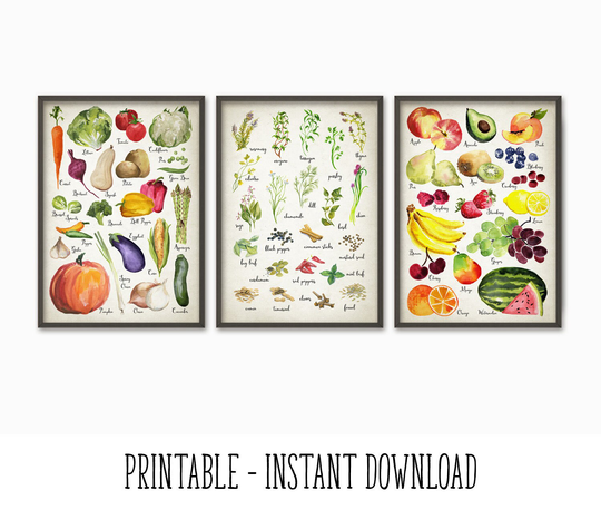 Printable Watercolor Kitchen Wall Art Poster, Rustic Decor, Vegetables Fruit Herbs & Spices Print Decor Instant Download