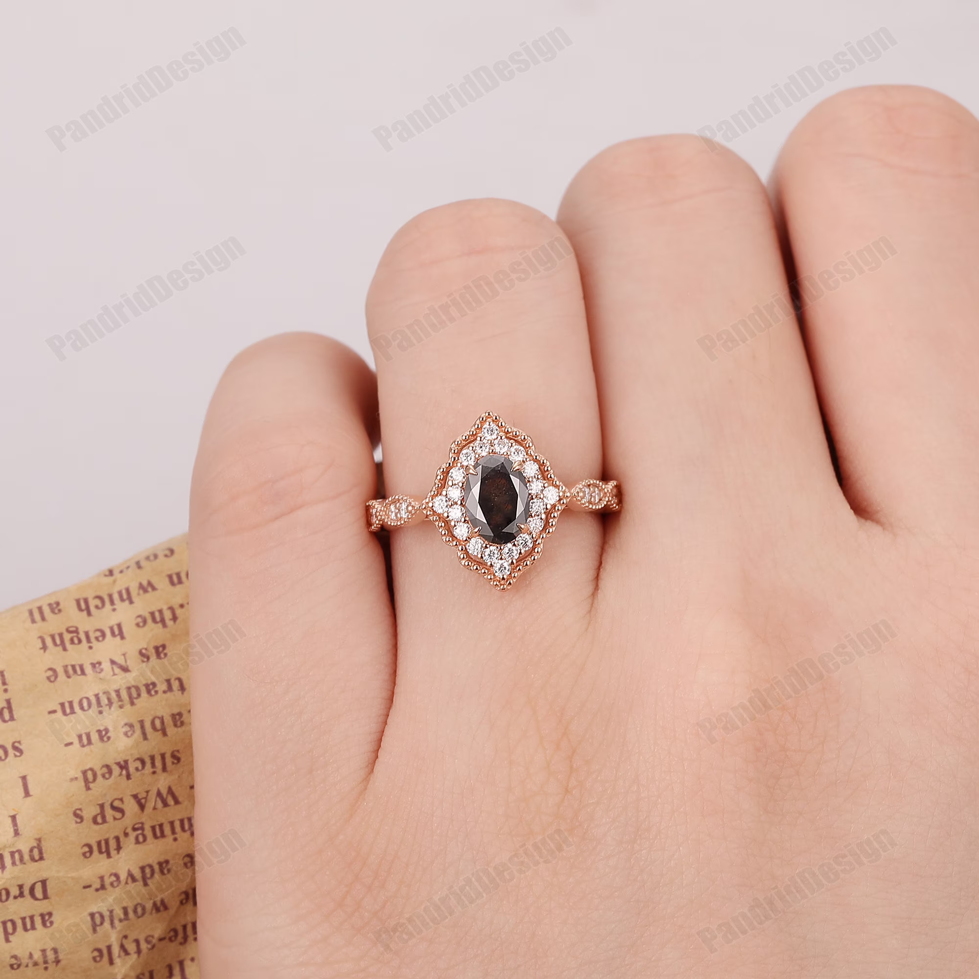 Vintage Salt & Pepper Diamond Engagement Ring Rose Gold, 5x7mm Oval Wedding Ring, Gemstone Proposal