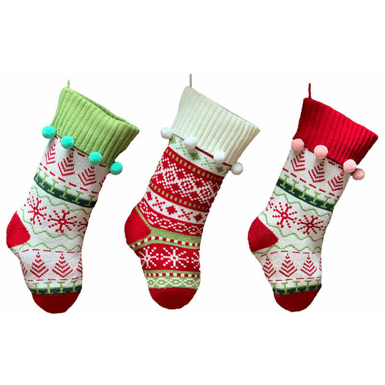 Bearsu - Pack Knit Christmas Stockings with Pompoms, 19' Wide, Knitted Classic Christmas Sweater, Rustic Stockings for Family Holiday Season