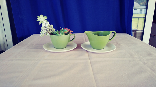 Vintage Matching Planters Up-Cycled From Avocado Green Melmac Cups & Saucers