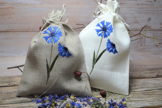 Gray White Natural Linen Gift Herb Present Wedding Bag With Cornflower Embroidery