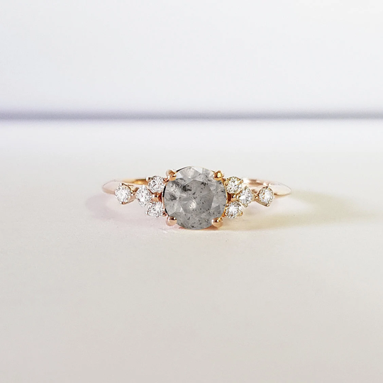 Salt & Pepper Diamond Engagement Ring Handmade in Yellow/White/Rose Gold Cluster Delicate Petite Thin Band