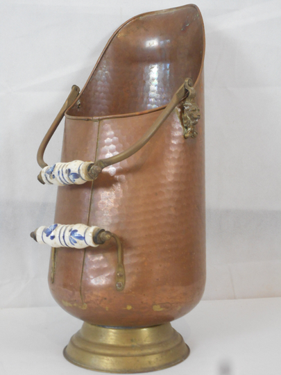 A Gorgeous Vintage Solid Copper/Brass/Porcelain Coal Scuttle/Umbrella Stand, Made in France