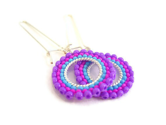 Seed Bead Earrings, Dangly Hoop Earrings. Long Kidney Wire, Bright Earrings UK
