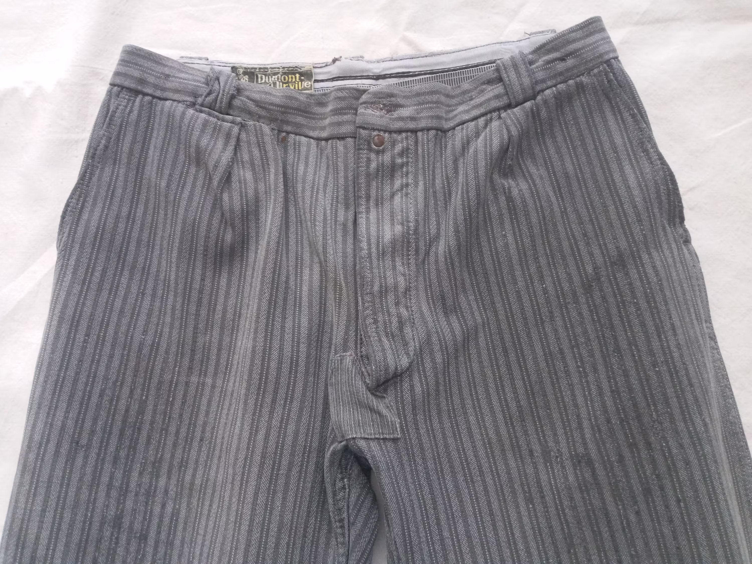 Vintage French Striped Chore Pants Dumont D'urville Workwear 1950S 50S Hobo Patched Cotton Work Trousers Salt & Pepper 30W 24.5L