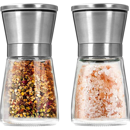 Stainless Steel Pepper Mill, 2 Manual Adjustable Ceramic Grinder, Spice Grinder with Glass Body, for Herbs Suitable for Coarse Sea Salt, Pepper(S)