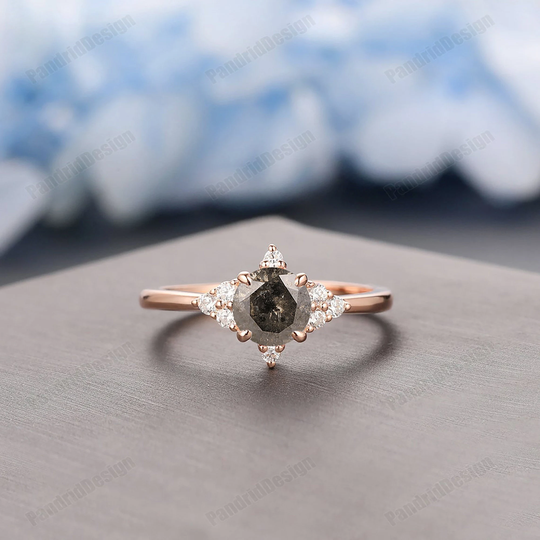 Salt & Pepper Engagement Ring, Anniversary Gift, 6mm Round Diamond, Vintage Ring Rose Gold, Prong Set Diamond