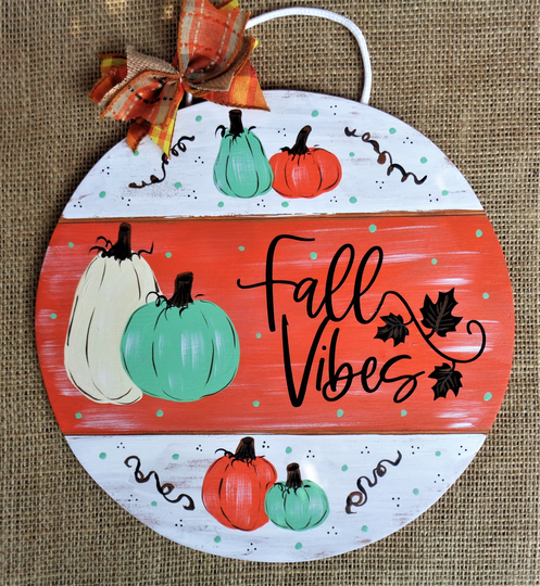 Fall Vibes Pumpkins Circle Sign Wall Art Door Plaque Hanger Hand Painted Handcrafted Seasonal Decor Wreath Embellishment