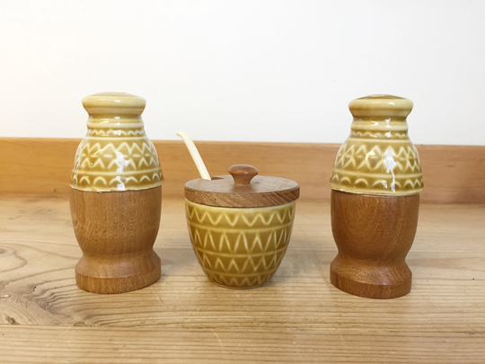 Danish Vintage | Salt & Pepper Shakers Porcelain Wooden 3 Piece Set Mid Century Modern Denmark Tableware