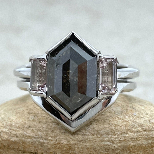 Hexagon Salt & Pepper Diamond Bridal Set With Pink Morganites Ls6514