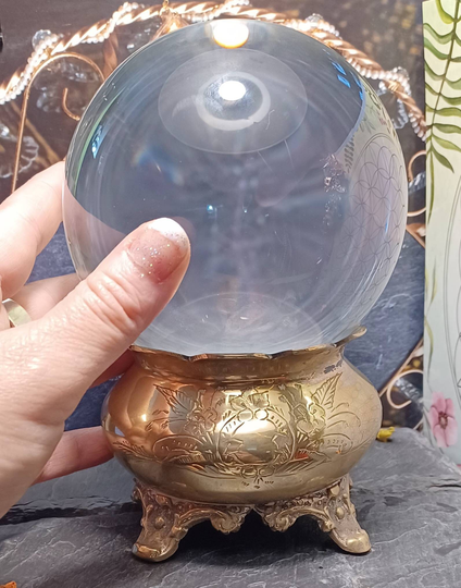 Large Vintage Crystal Ball, Glass, & Brass Stand, Circa 1970's Circumference 13 Inches - 34.cm
