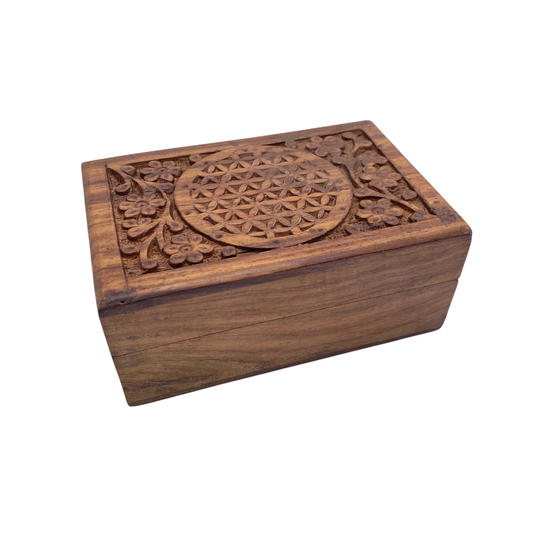 Wooden Hand Carved Boxes, Tree Of Life Storage Box, Jewelry Trinket Sage Storage, Wood Crystal Witch Flower