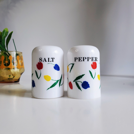 Vintage Plastic Salt & Pepper Shakers With Flower Pattern, Primary Colours