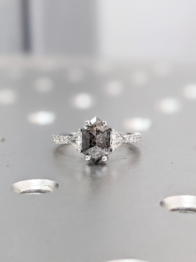 Galaxy Raw Diamond Hexagon Triangle Diamond, Salt & Pepper, Unique Bridal Engagement Set, Rose Cut Geometric Ring, 14K White Gold