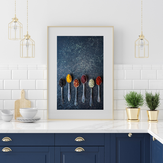 Kitchen Wall Decor, Spices, Spoons, Pantry Rustic Blue Art, Farmhouse Food Photography, Cafe Quirky Print