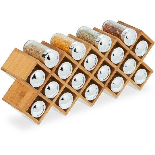Bamboo spice rack, with 18 glass jars, freestanding, 10.5x42x19 cm(LxWxH), seasoning organiser, natural colour - Relaxdays