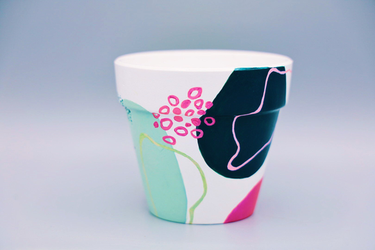 Pop Color Botanicals Pot | Leaf Line Art Plant Geometric Abstract Art| Hand-Painted Planter Terracotta 4.6