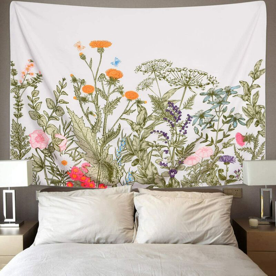 Colorful Floral Plants Tapestry Vintage Herbs Tapestry Wild Flowers Tapestry Wall Hanging Nature Scenery Tapestry for Living Room Bedroom 150*130