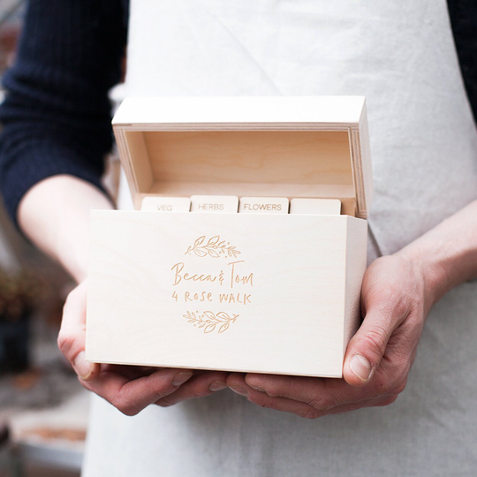 Personalised New House Garden Seed Box - Happy Home Storage Recipe Card