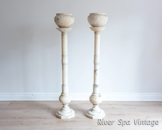 Fine Rare Pair Of Italian Marble Pedestal Columns With Urns Antique 1800S 19Th Century Carrara Jardinieres Plant Stands Pots