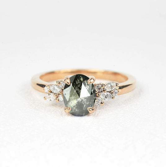 Salt & Pepper Diamond Art Deco Ring | Oval Cut Grey Cluster Wedding Bridal Dainty 9K/14K/18K Rose Gold For Her