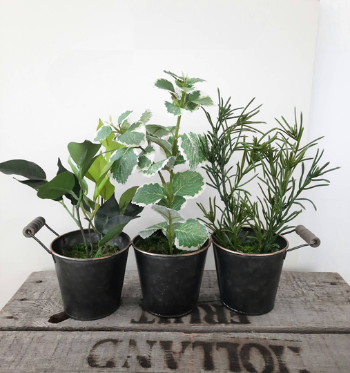 Faux Herb Tin Bucket Trio
